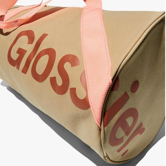 Glossier Duffle Bag Beige Desert Rose Pink 20x10x10 Pockets Travel Gym Satchel - Picture 2 of 13